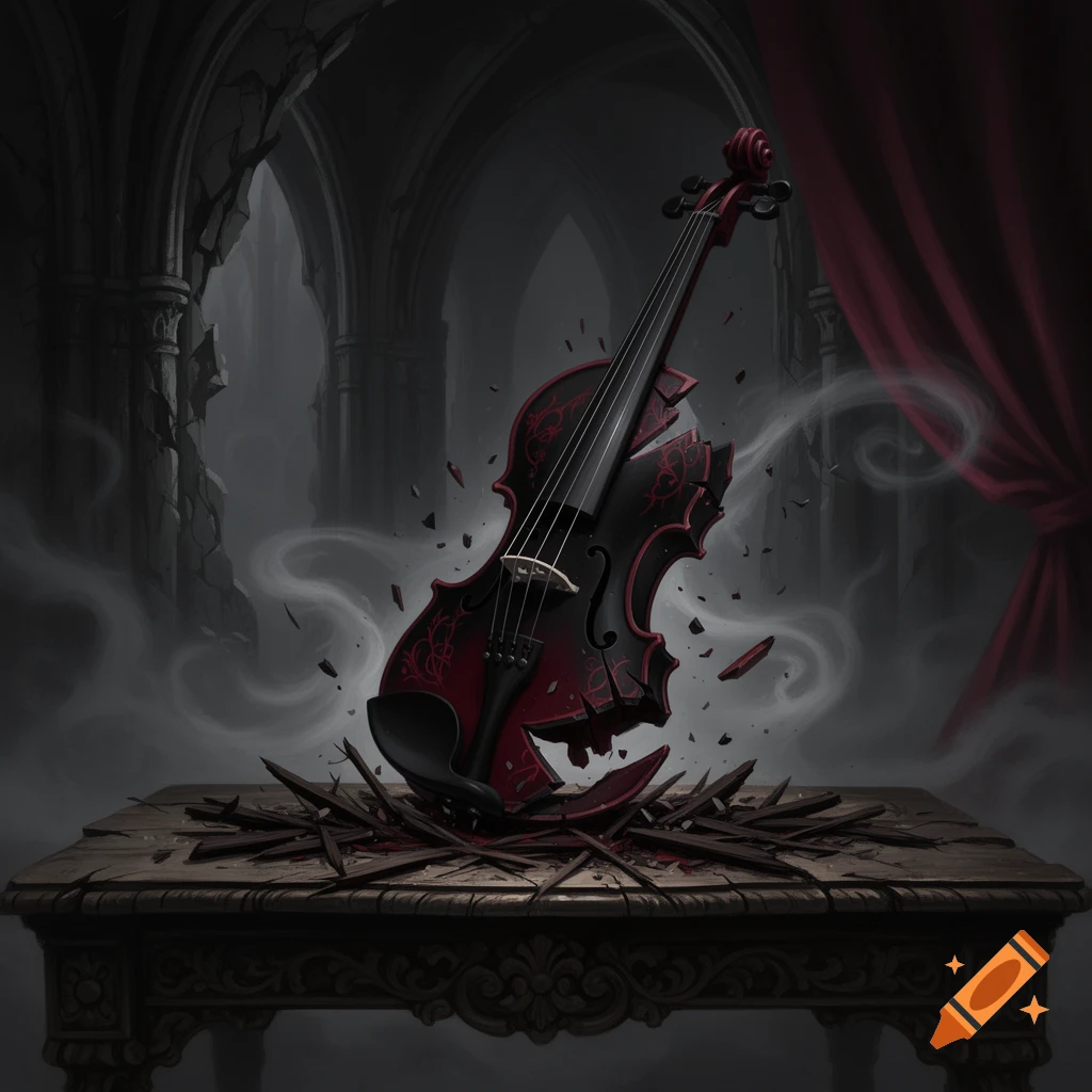 A black and red violin shattered on a dark wooden table in a smoky gothic ruin, red drapery to the right.