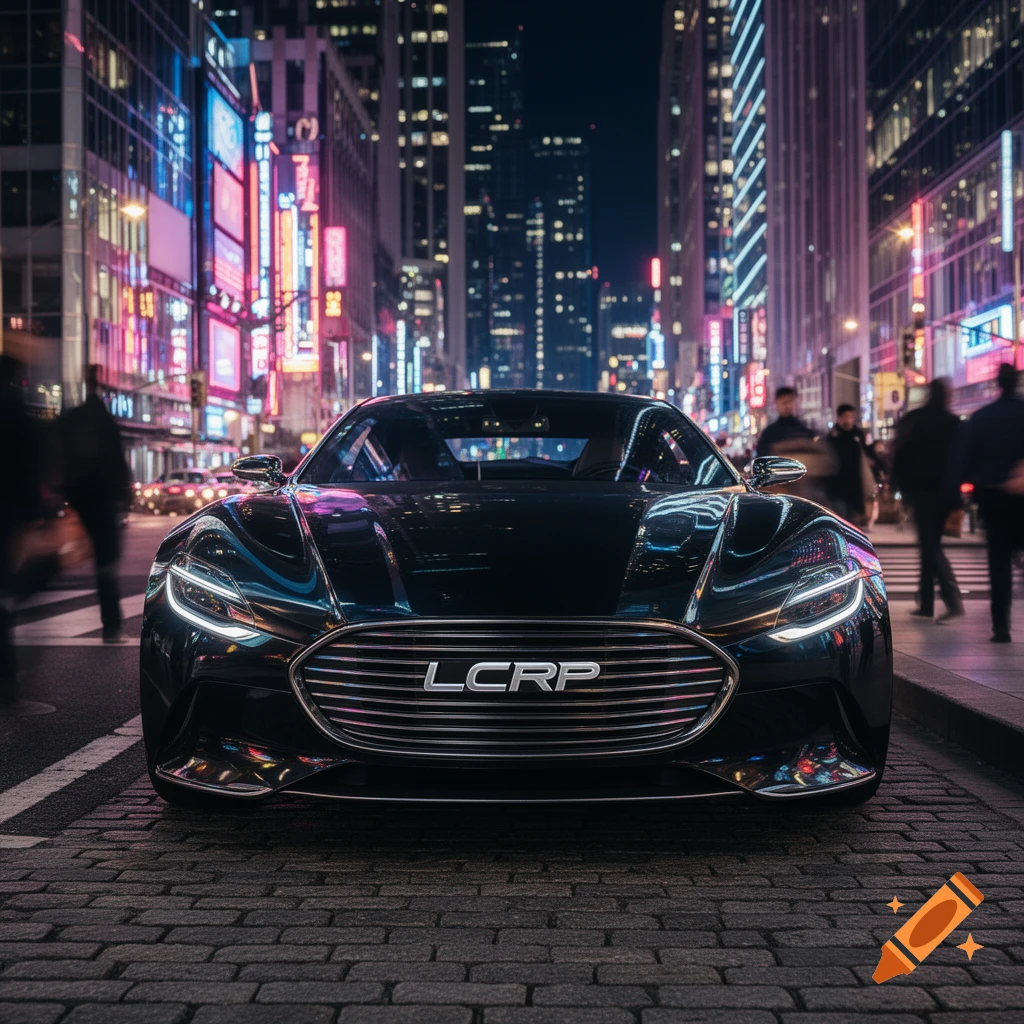A sleek black luxury car with glowing headlights parked on a cobblestone street at night, surrounded by neon-lit city buildings.