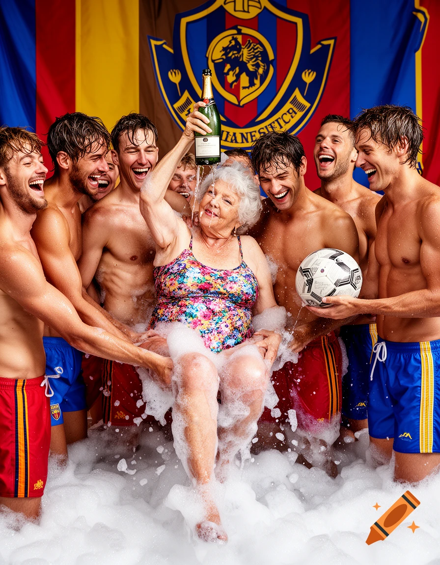 An older woman in a floral swimsuit holds a champagne bottle, showering foam on smiling shirtless men in team shorts, surrounded by frothy bubbles, with a team banner in the background. One man holds a soccer ball.