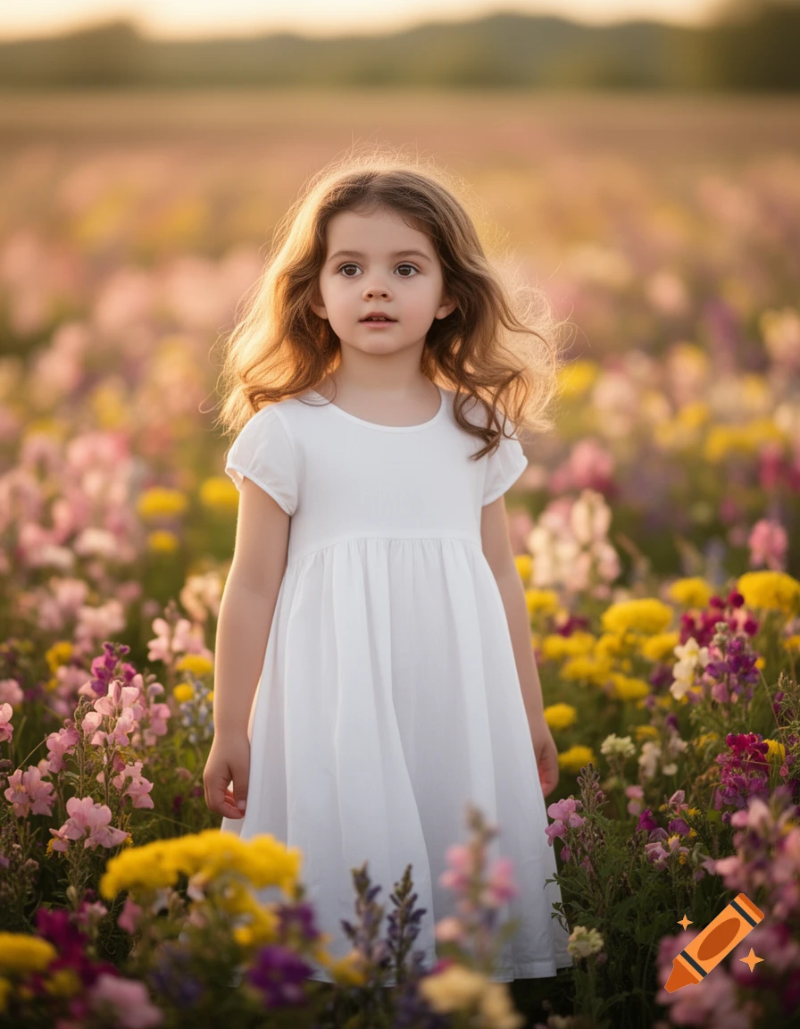 A young girl with wavy brown hair and a white dress stands in a field of colorful wildflowers during golden hour.