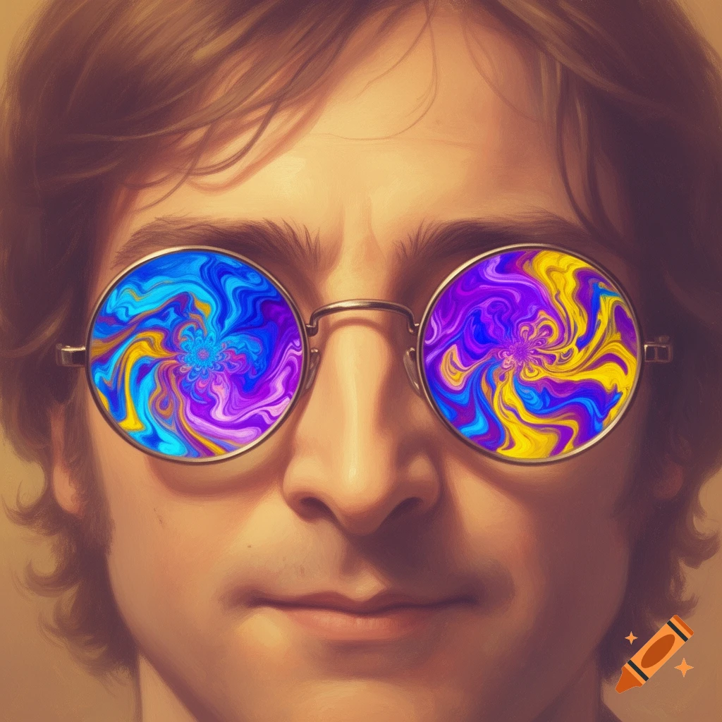 Close-up portrait of John Lennon wearing round glasses with vibrant psychedelic swirl patterns in the lenses.