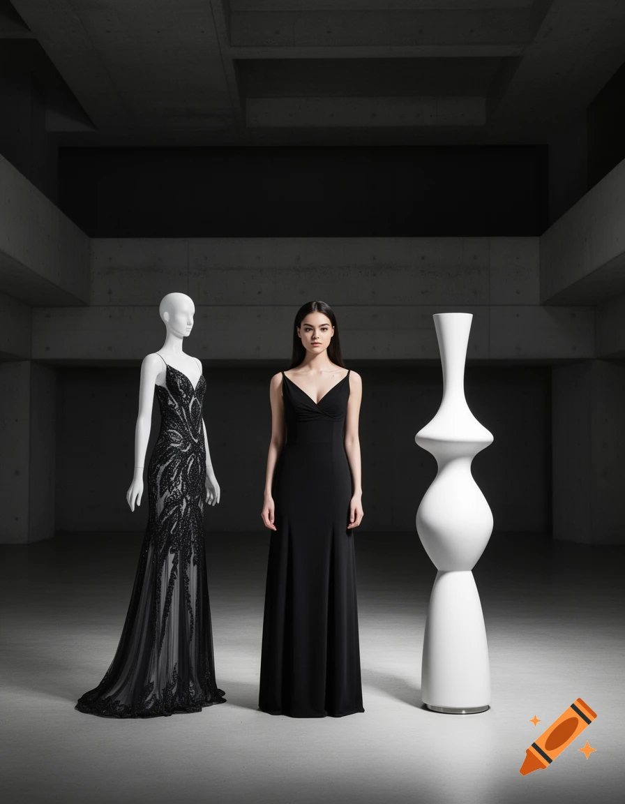 A woman in a black gown stands between a mannequin in an ornate black gown and a tall white modern vase in a brutalist interior.