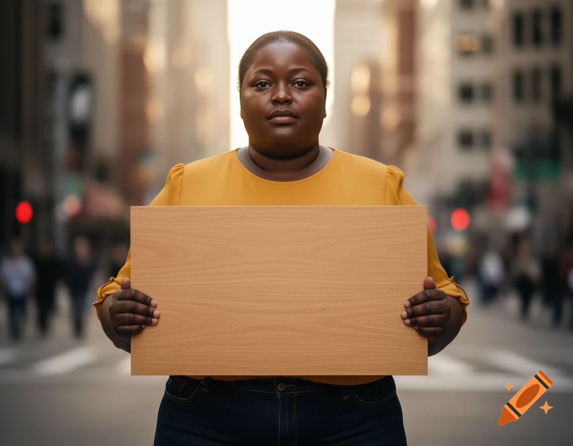 An obese black woman in a yellow shirt and jeans holds a blank wooden sign with both hands on a blurred city street.