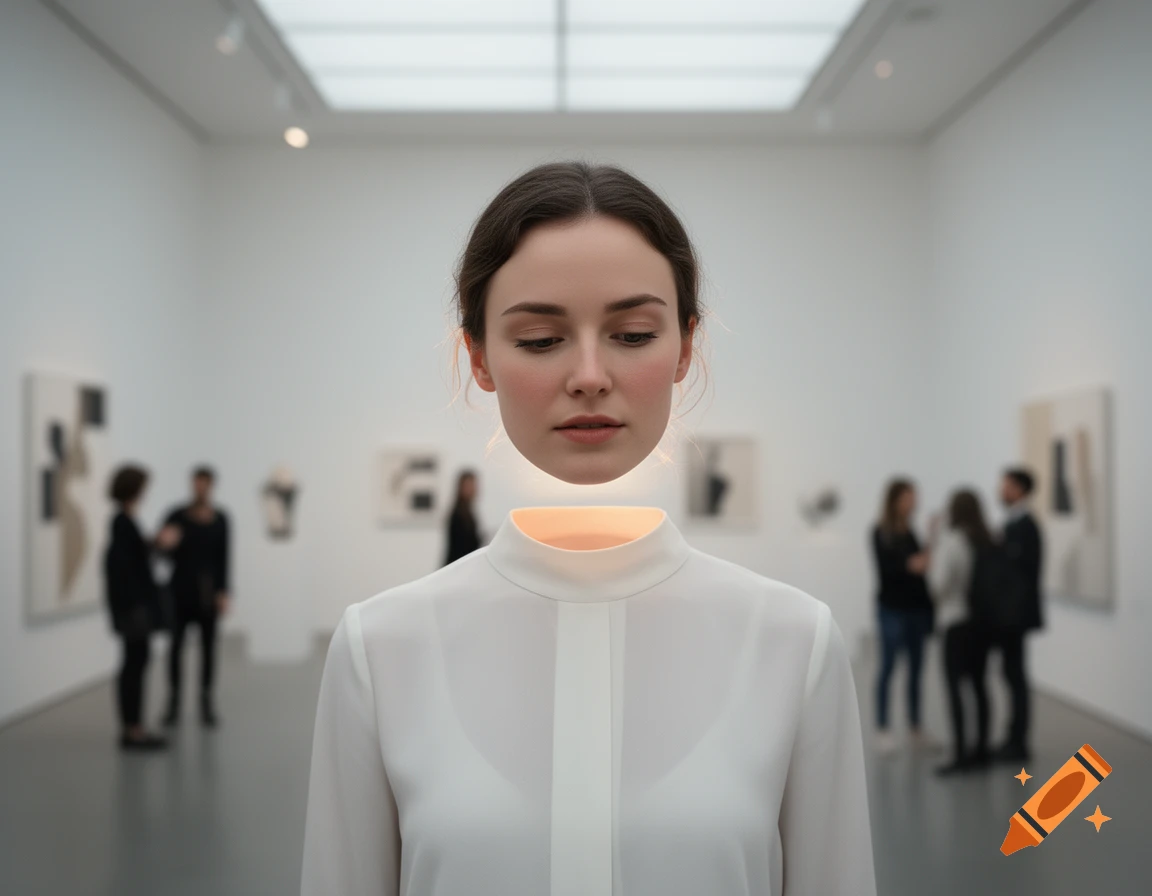 Photorealistic image of a woman with her head floating above her body, glowing at the neck, in an art gallery.