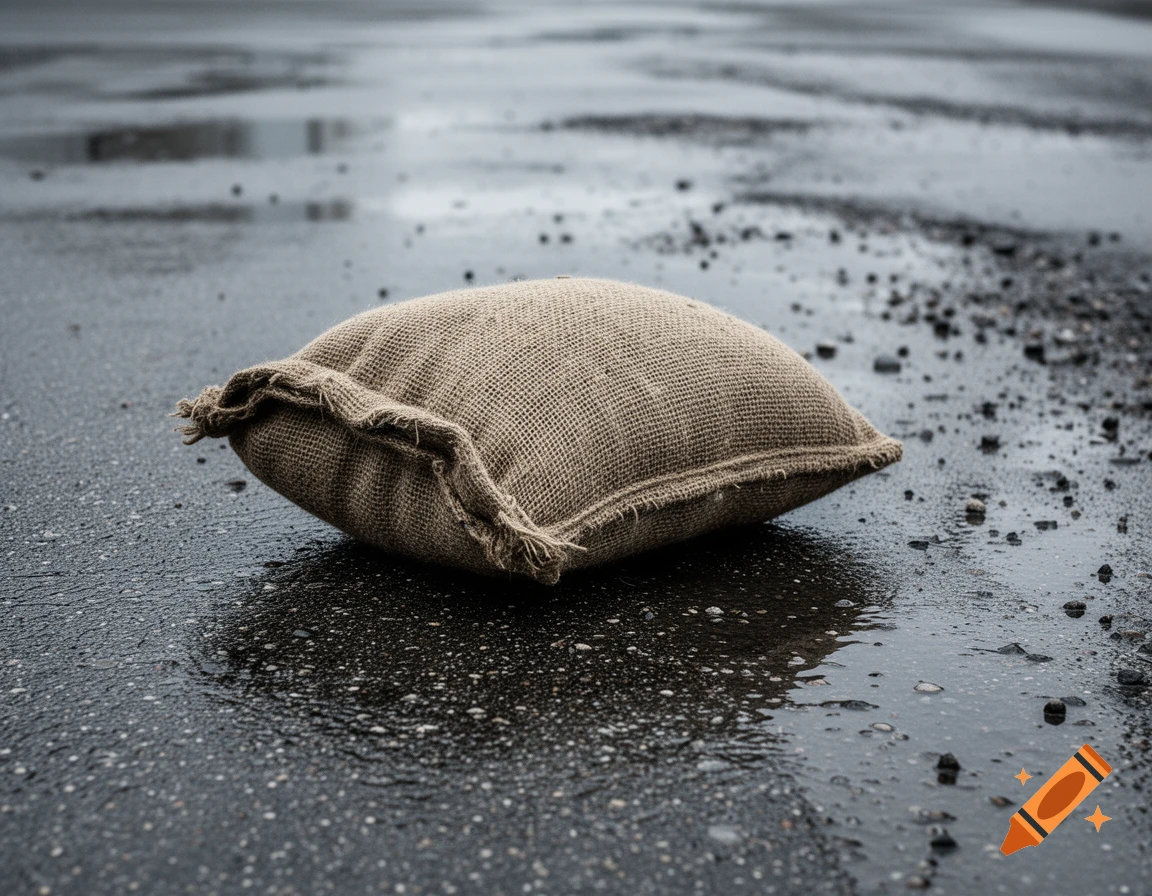 A burlap sack lies on a wet, dark asphalt surface, reflecting the dim light and surrounded by scattered pebbles.