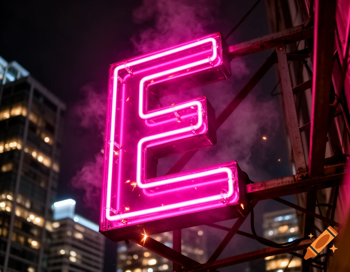 A vibrant pink neon letter 'E' glows brightly against a dark night sky, with blurred city buildings in the background.