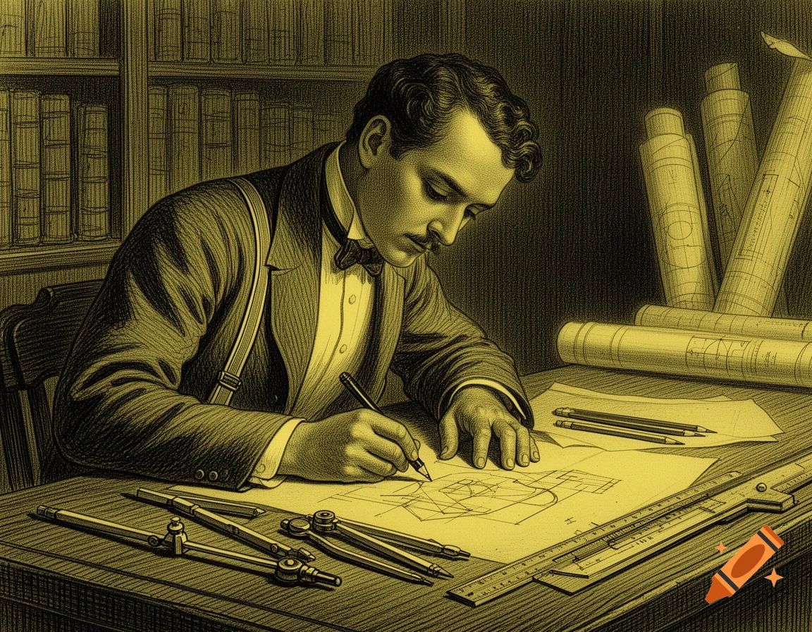 Vintage illustration of a man drawing technical blueprints at a desk with drafting tools, books, and rolled plans.