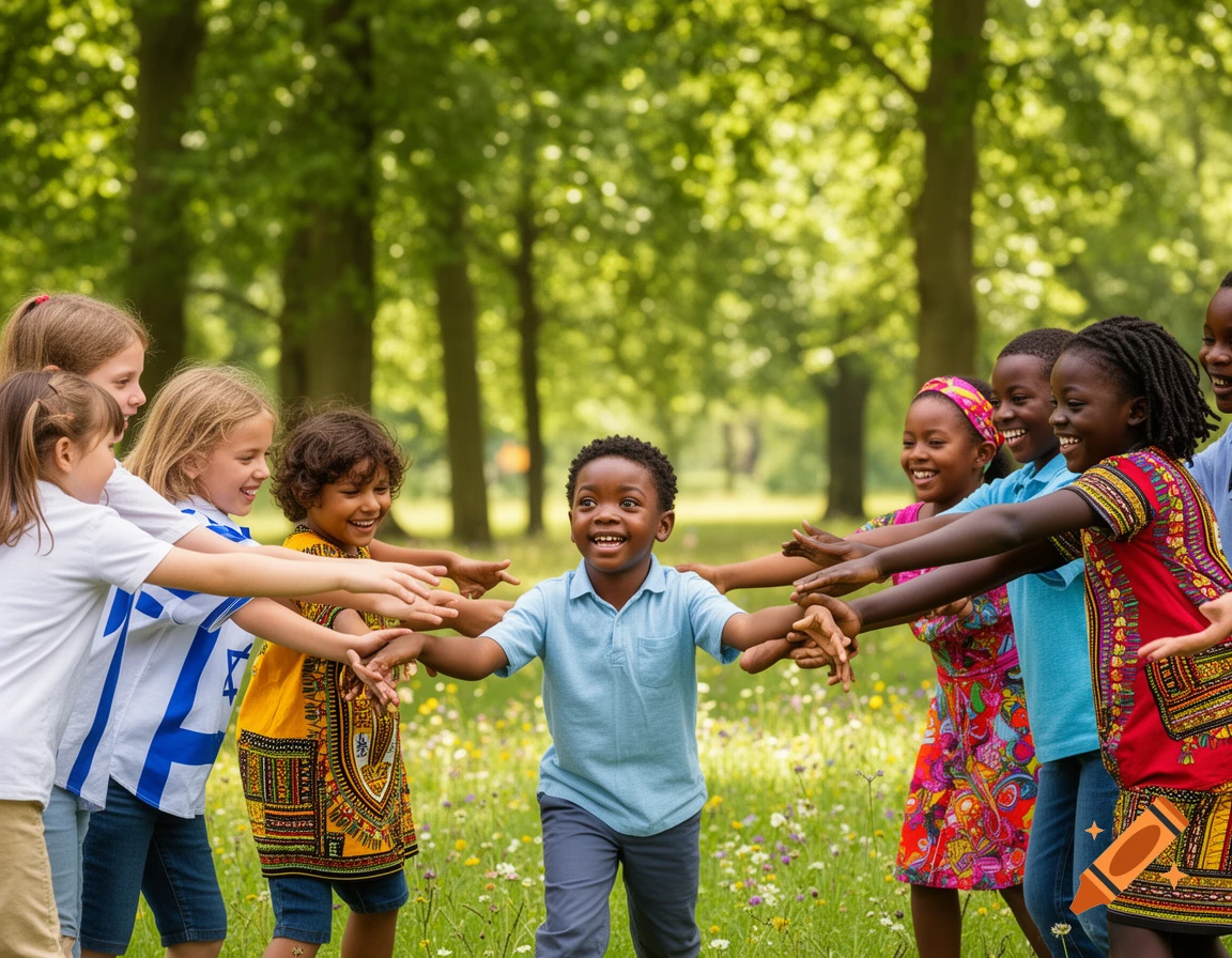 A diverse group of happy children, including Israeli and Nigerian, reaching out to each other in a sunny park.