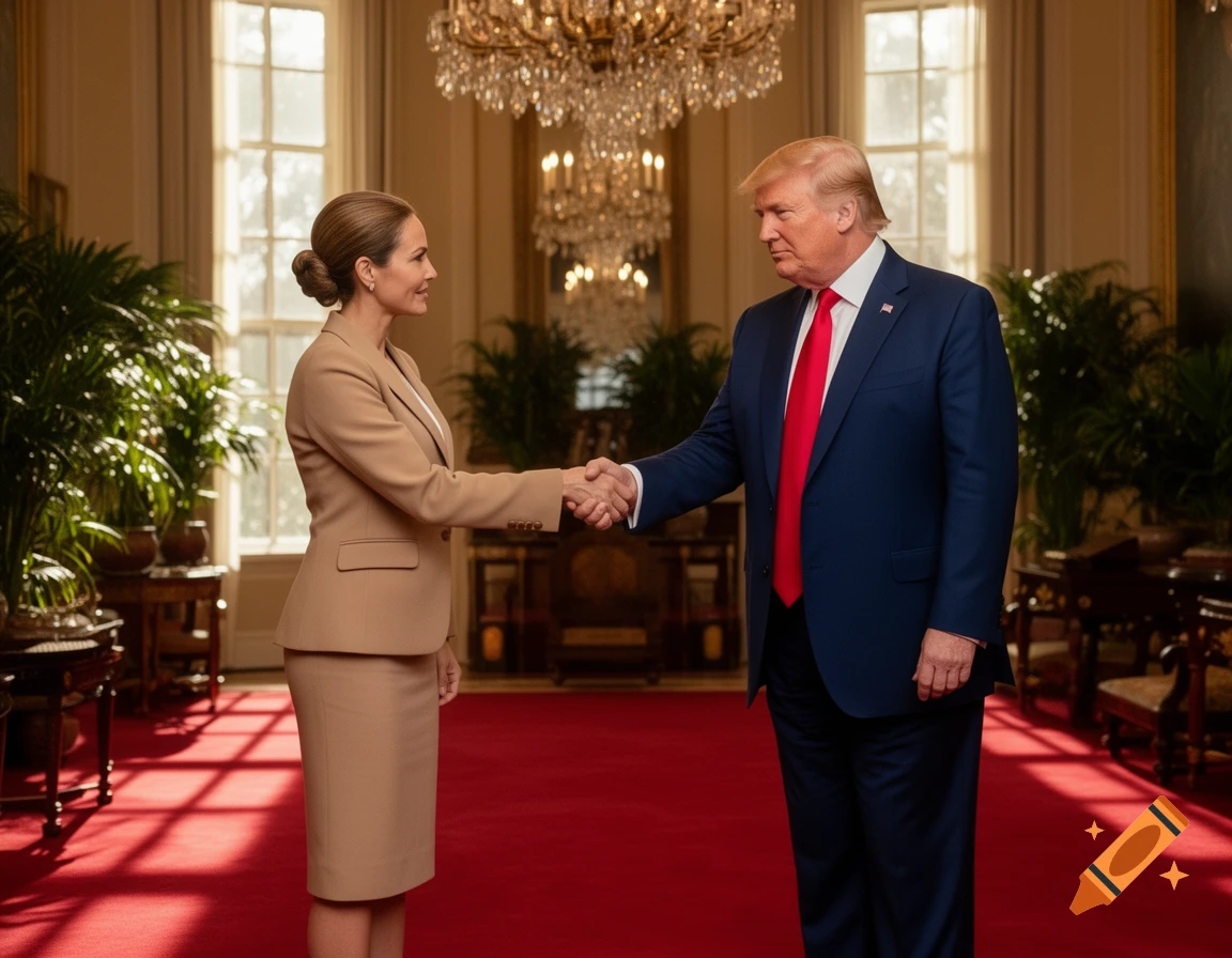 Donald Trump, in a blue suit and red tie, shakes hands with a woman in a tan suit in a grand room with red carpet and chandeliers.