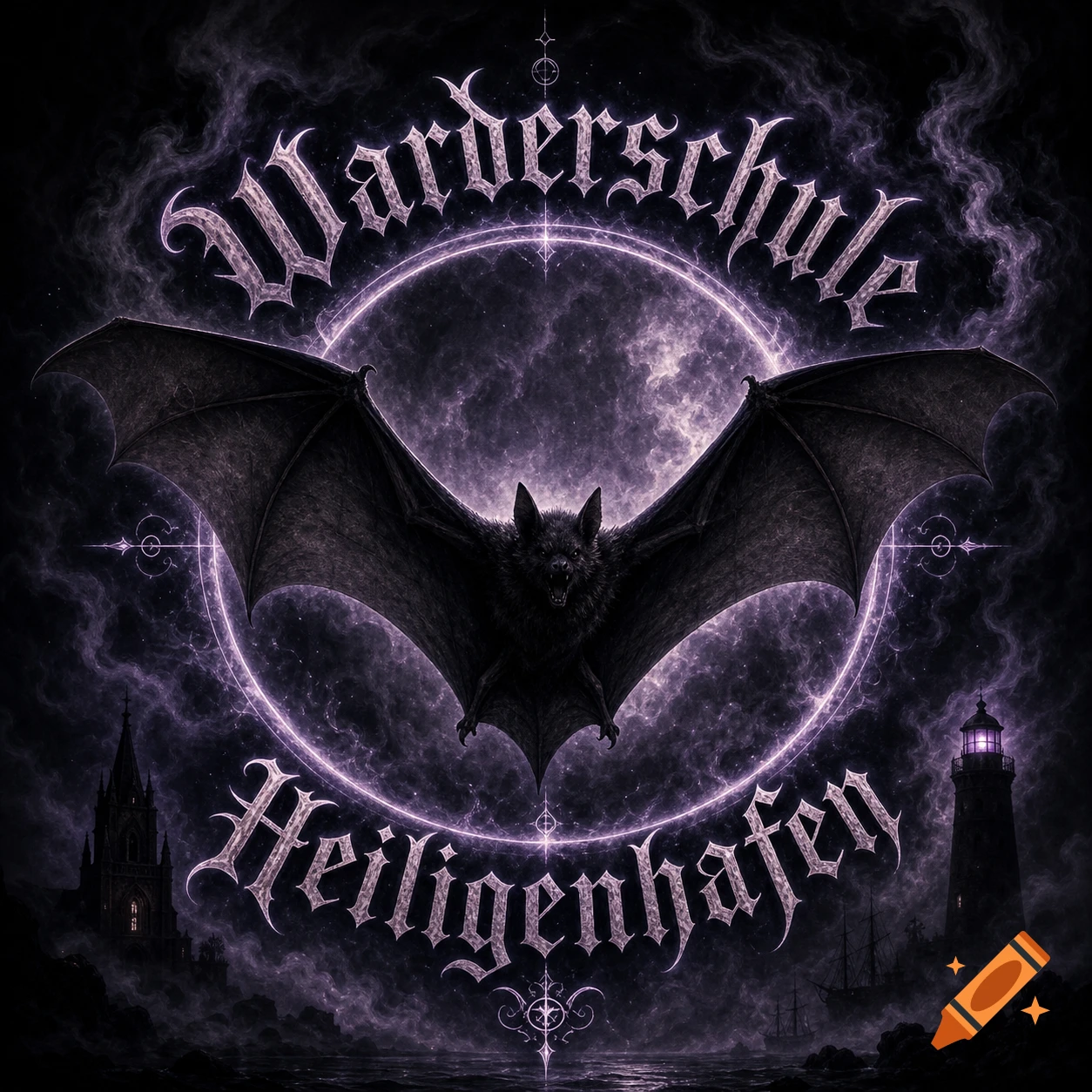 Dark gothic emblem: bat in glowing purple circle, 'Warderschule Heiligenhafen' text, stormy sea, gothic castle, lighthouse.