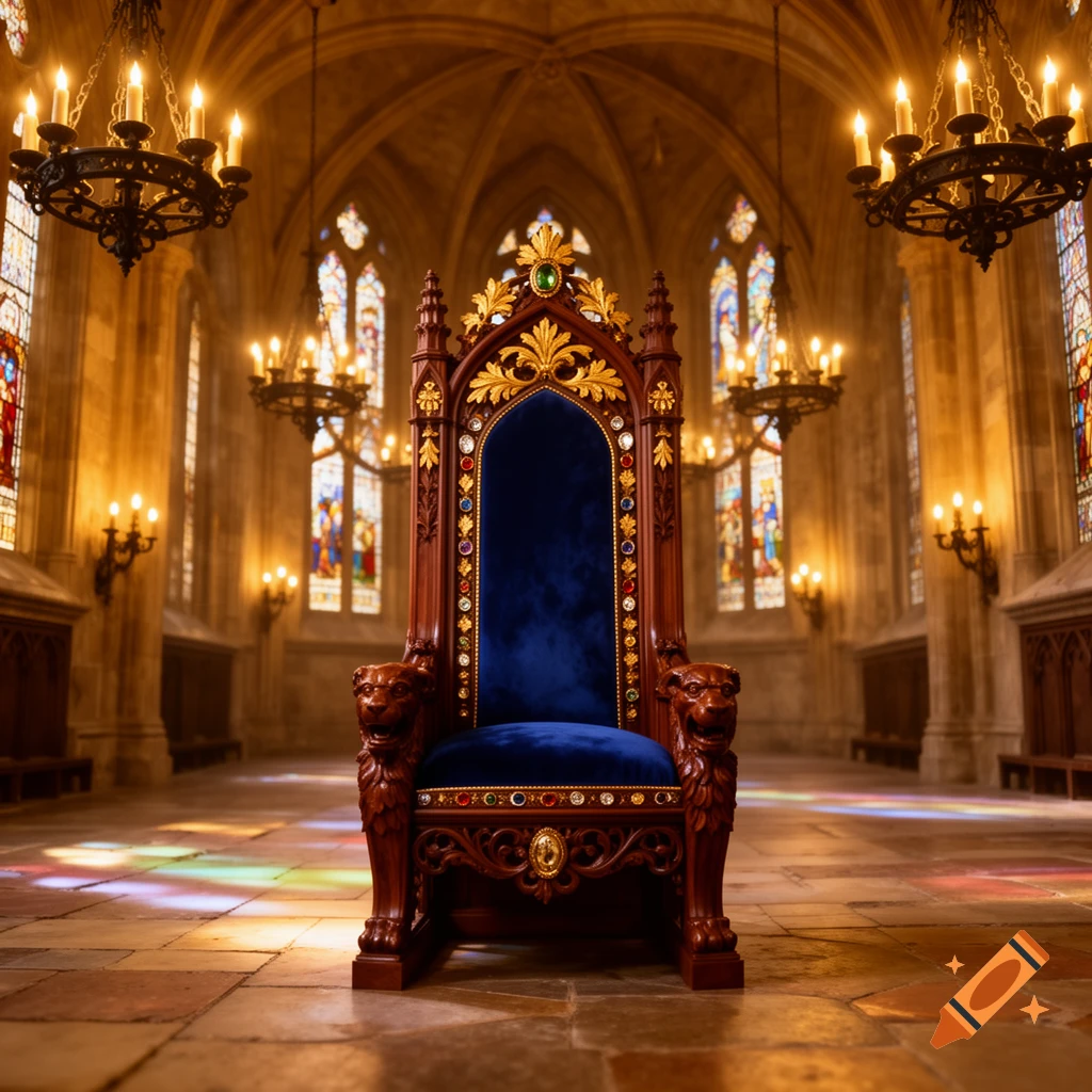 An ornate blue velvet throne, carved with lion heads and adorned with jewels, stands in a majestic, candlelit hall with stained glass windows.