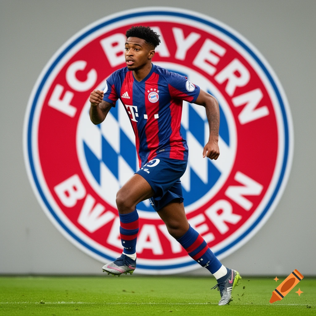 A male soccer player in a red and blue FC Bayern uniform runs on a green field with the FC Bayern logo in the background.