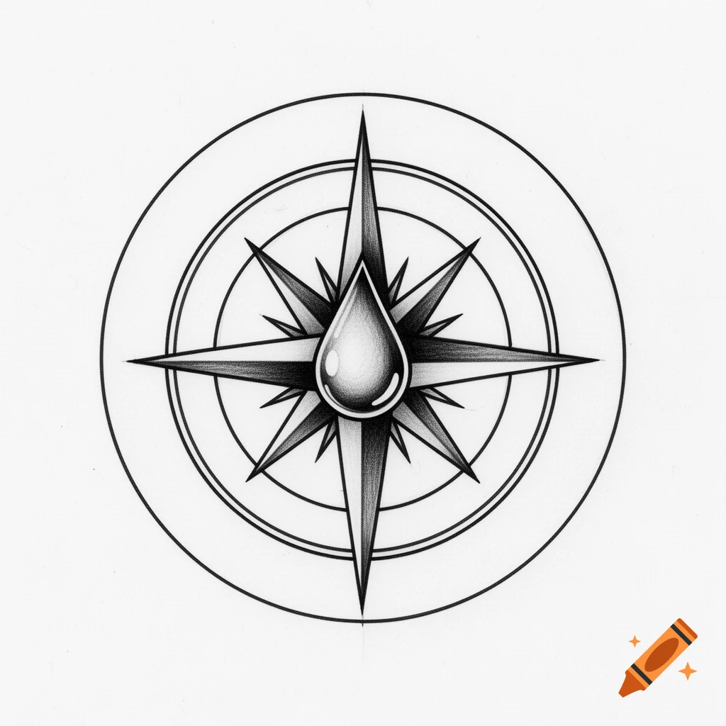 A black and white stylized drawing of a compass rose with a shiny teardrop shape in its center, encircled by two outer rings.