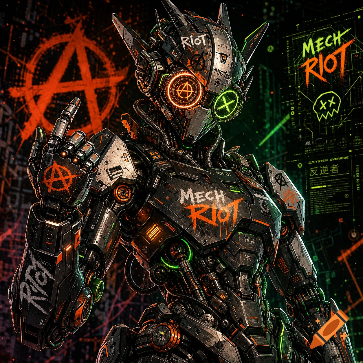 A detailed, dark cyberpunk mecha avatar with glowing orange and green lights, featuring 'Mech Riot' text and anarchy symbols.