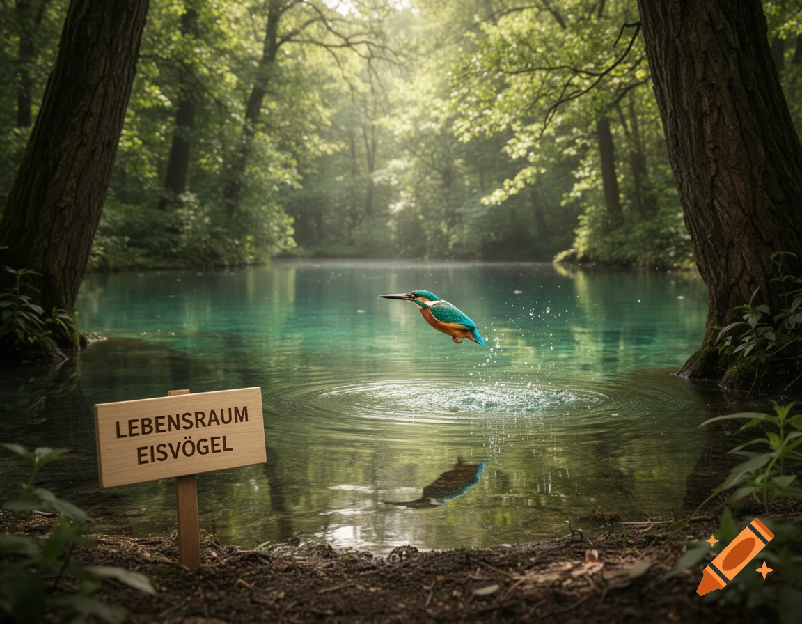 A vibrant kingfisher leaps from a clear blue-green pond, creating ripples, in a lush green forest, with a sign reading 'LEBENSRAUM EISVÖGEL'.