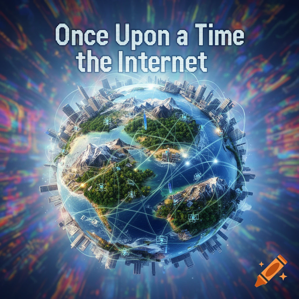 Stylized Earth covered in cities, mountains, and network lines, with the text 'Once Upon a Time the Internet' at the top, against a colorful, blurry background.