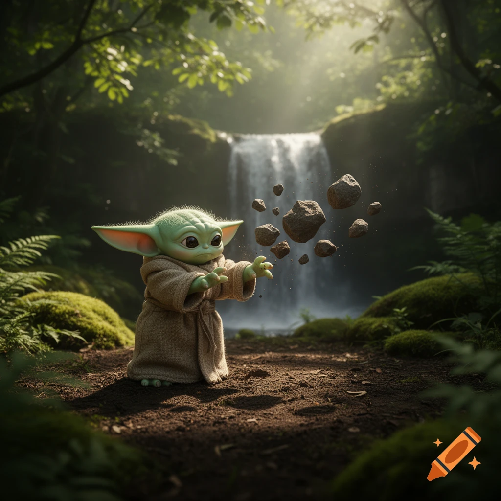 Grogu using the force to lift rocks in a lush green forest with a waterfall.