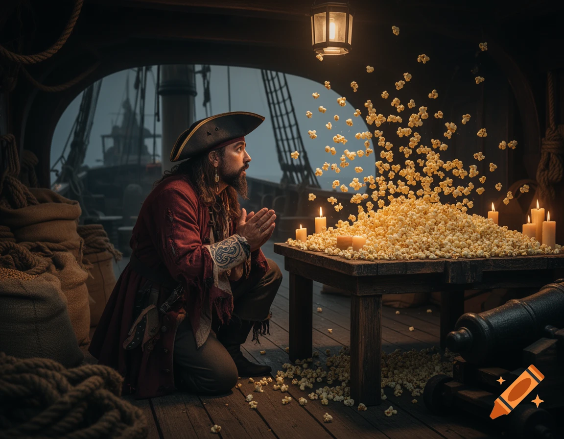 Photorealistic pirate kneels on a ship's deck, hands clasped, gazing at a large pile of popcorn with candles, kernels floating.
