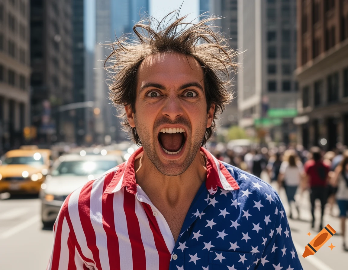 A man with wild hair and an exaggerated expression, wearing an American flag shirt, stands on a busy city street.