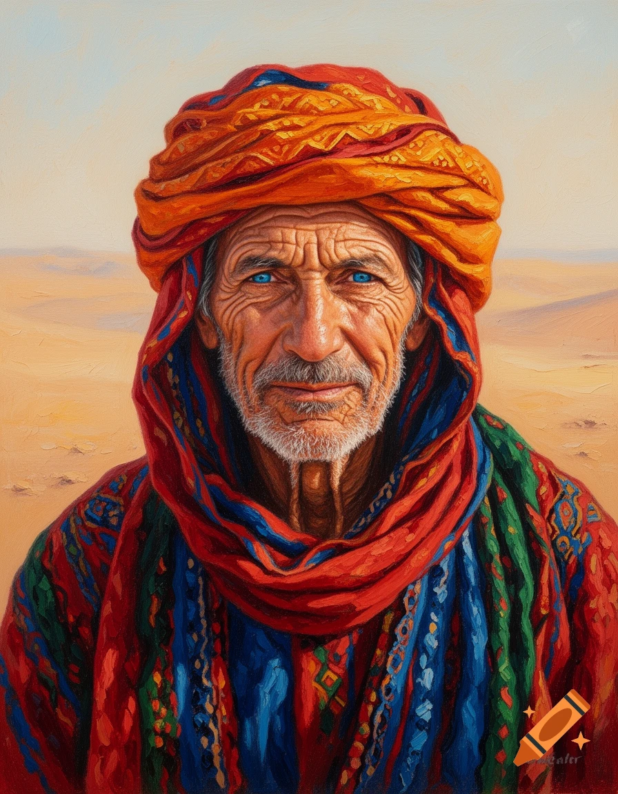 Oil painting portrait of an old Bedouin man with piercing blue eyes, grey stubble, a vibrant orange turban, and a colorful robe, against a desert background.