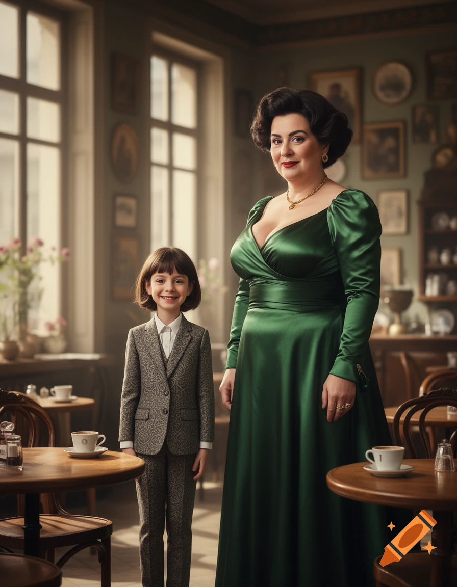 Photorealistic image of a very tall, busty woman in a green gown and a small boy in a suit, both smiling in a cafe with vintage decor.