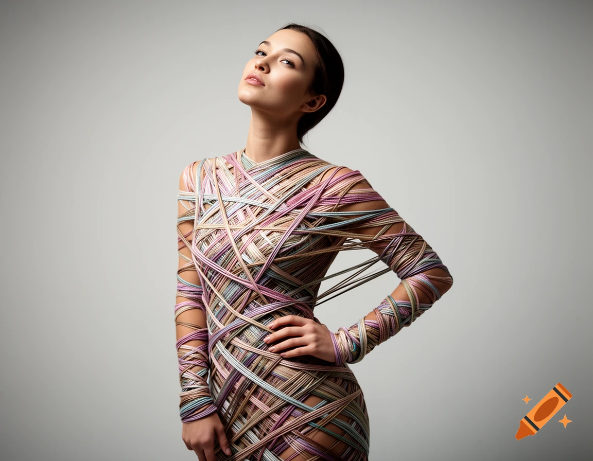 A woman in a dress made of colorful interwoven strings poses against a plain gray background.