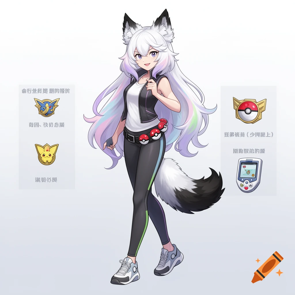 Anime-style woman with white hair, pastel highlights, wolf ears, and a tail with black tips. She wears a white tank top, black vest, and leggings, with a belt of Pokeballs.
