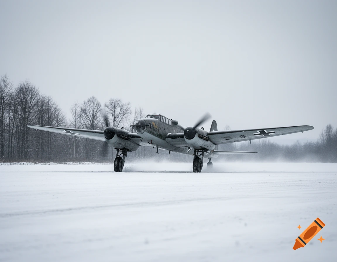 Photorealistic image of a WWII German Luftwaffe bomber plane landing in a snowy European field.
