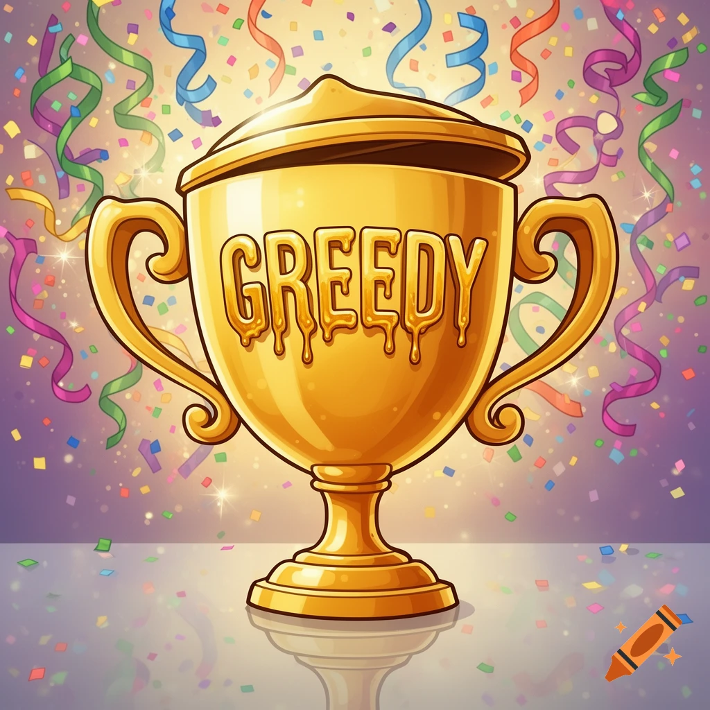 A vibrant cartoon golden trophy with the word 'GREEDY' on it, surrounded by colorful confetti and glitter, reflecting on a polished surface.