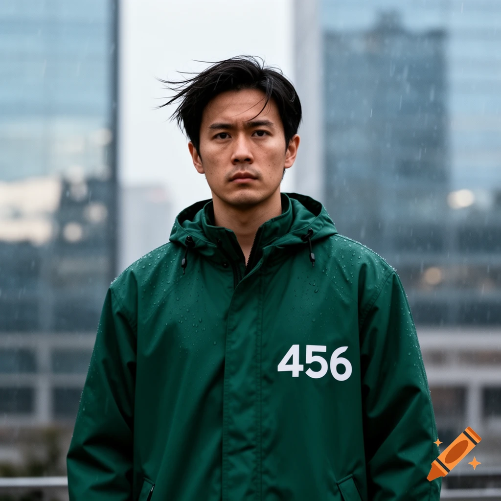 A man in a green raincoat with '456' printed on it stands in the rain in an urban setting, looking at the camera.