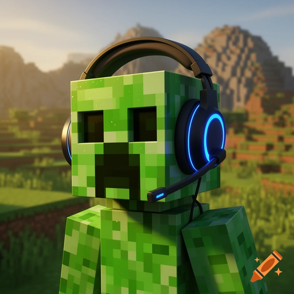 A 3D render of a Minecraft Creeper character wearing a black gaming headset with blue glowing earcups, set against a blocky outdoor landscape.