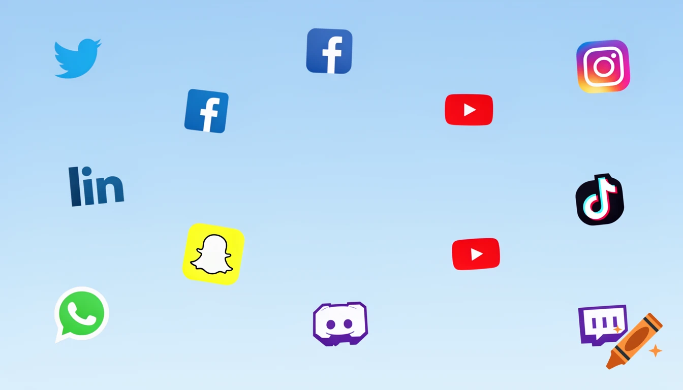 Various social media logos, including Facebook, LinkedIn, Twitter, YouTube, Instagram, TikTok, WhatsApp, Snapchat, Discord, and Twitch, scattered across a light blue background.