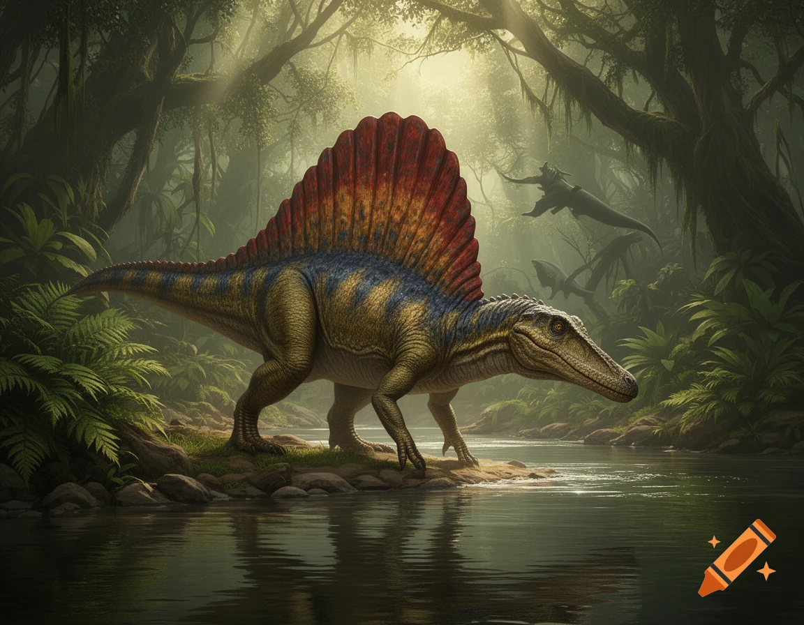 A majestic Spinosaurus with a colorful sail stands by a jungle river, illuminated by sunbeams.