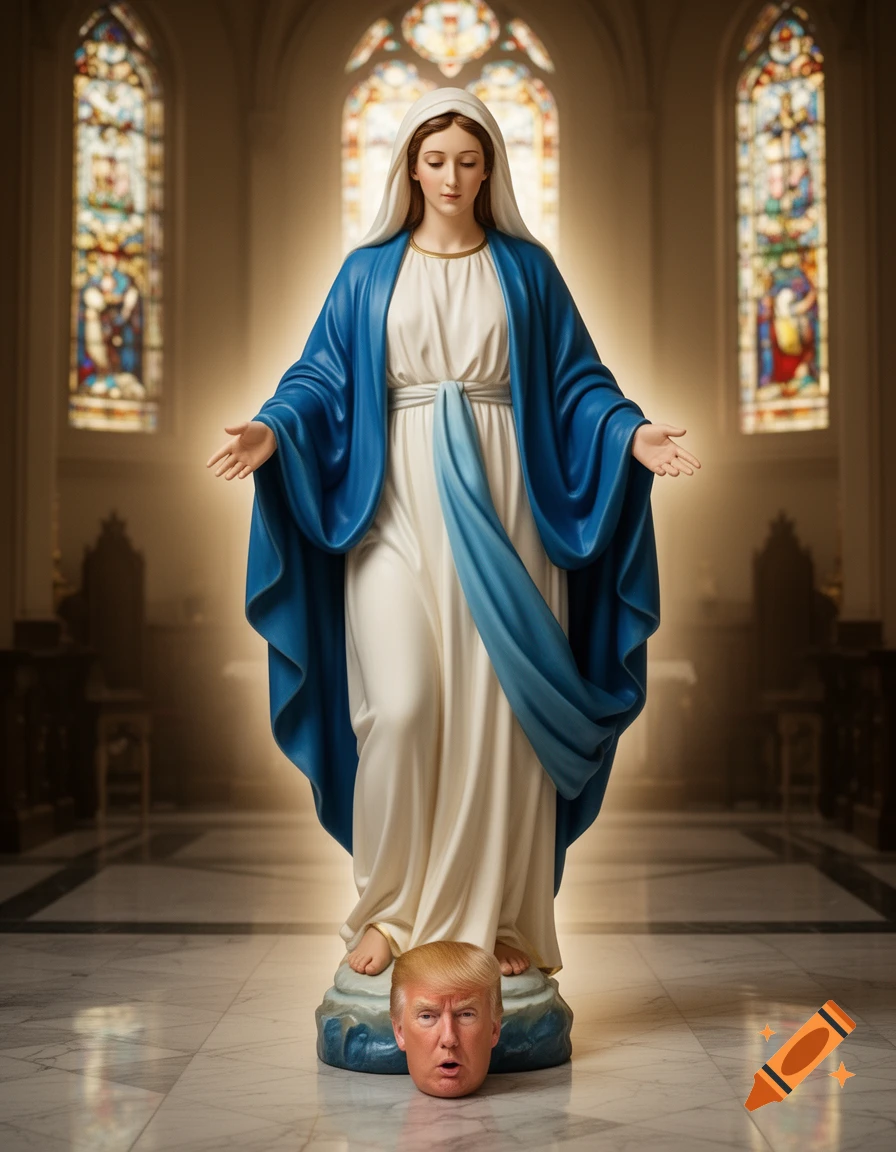 A photorealistic image of a statue of the Virgin Mary in a church, with Donald Trump's head at her feet.