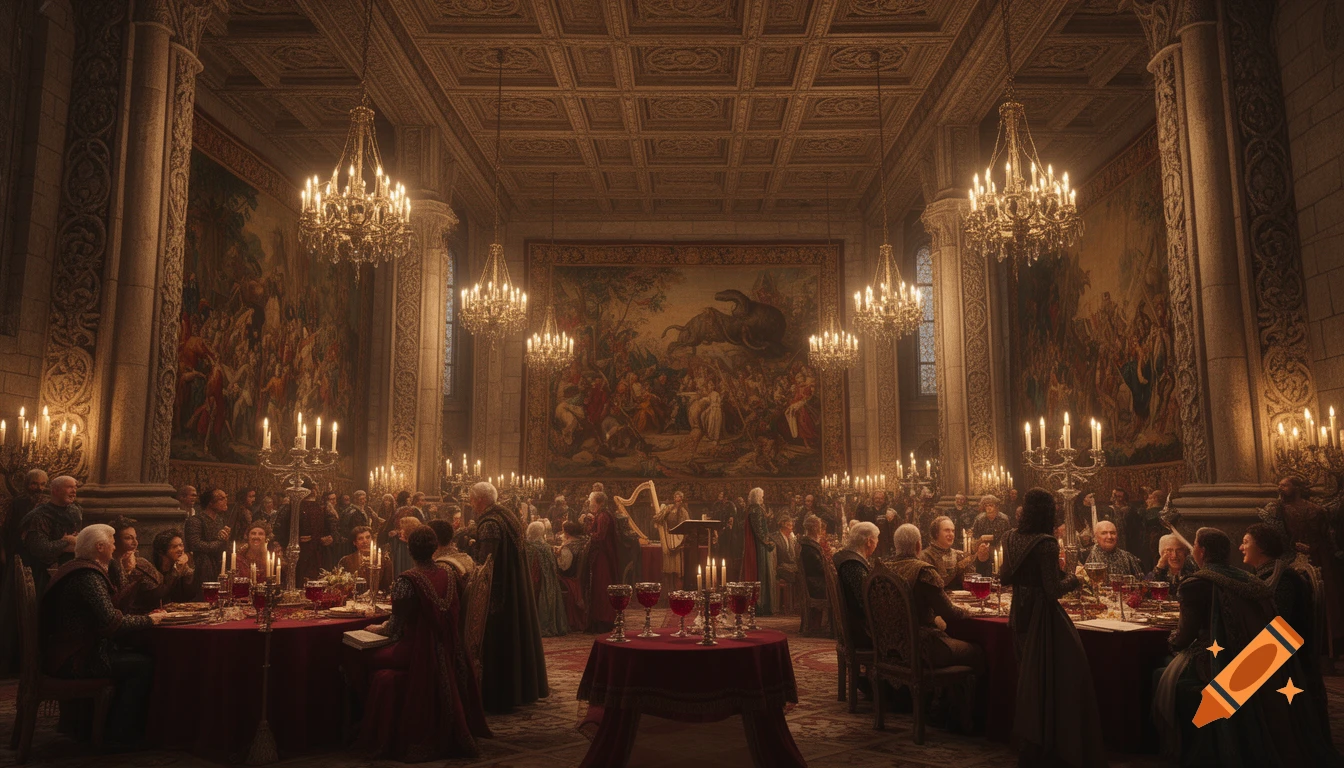 A grand, ornate fantasy castle banquet hall with many guests feasting at red tables, lit by chandeliers and candelabras, with large tapestries on the walls.