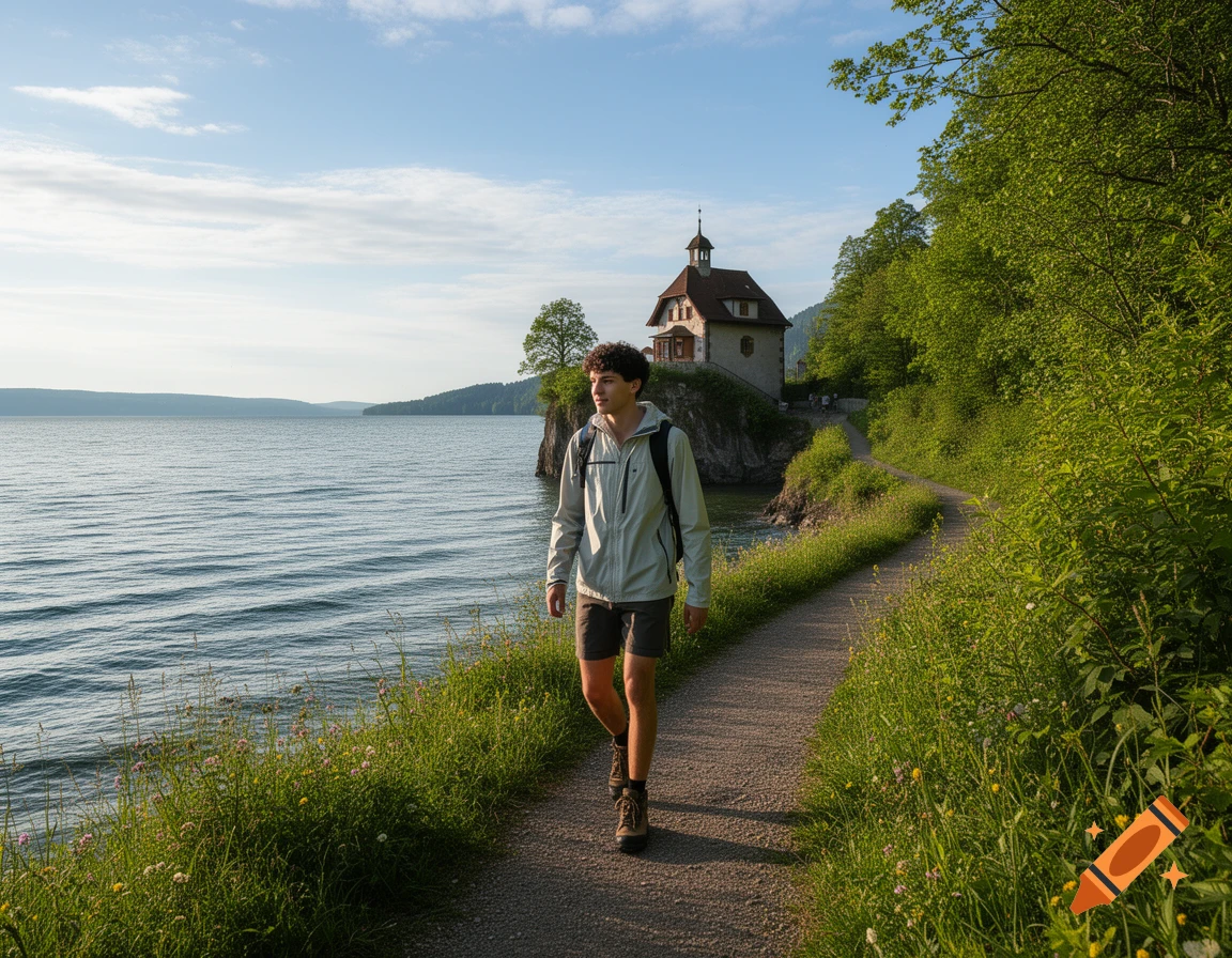 A young man with a backpack walks on a path by a lake, with a house on a rocky outcrop and green trees under a blue sky.