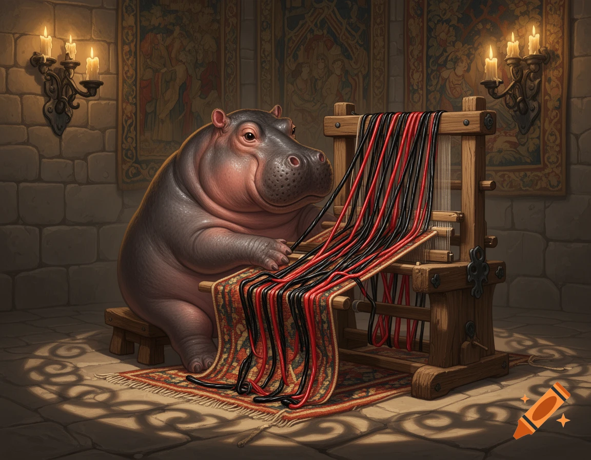A chubby hippo sits at a medieval wooden loom, weaving a carpet with black and red licorice strips in a cozy, candlelit stone workshop with tapestries.
