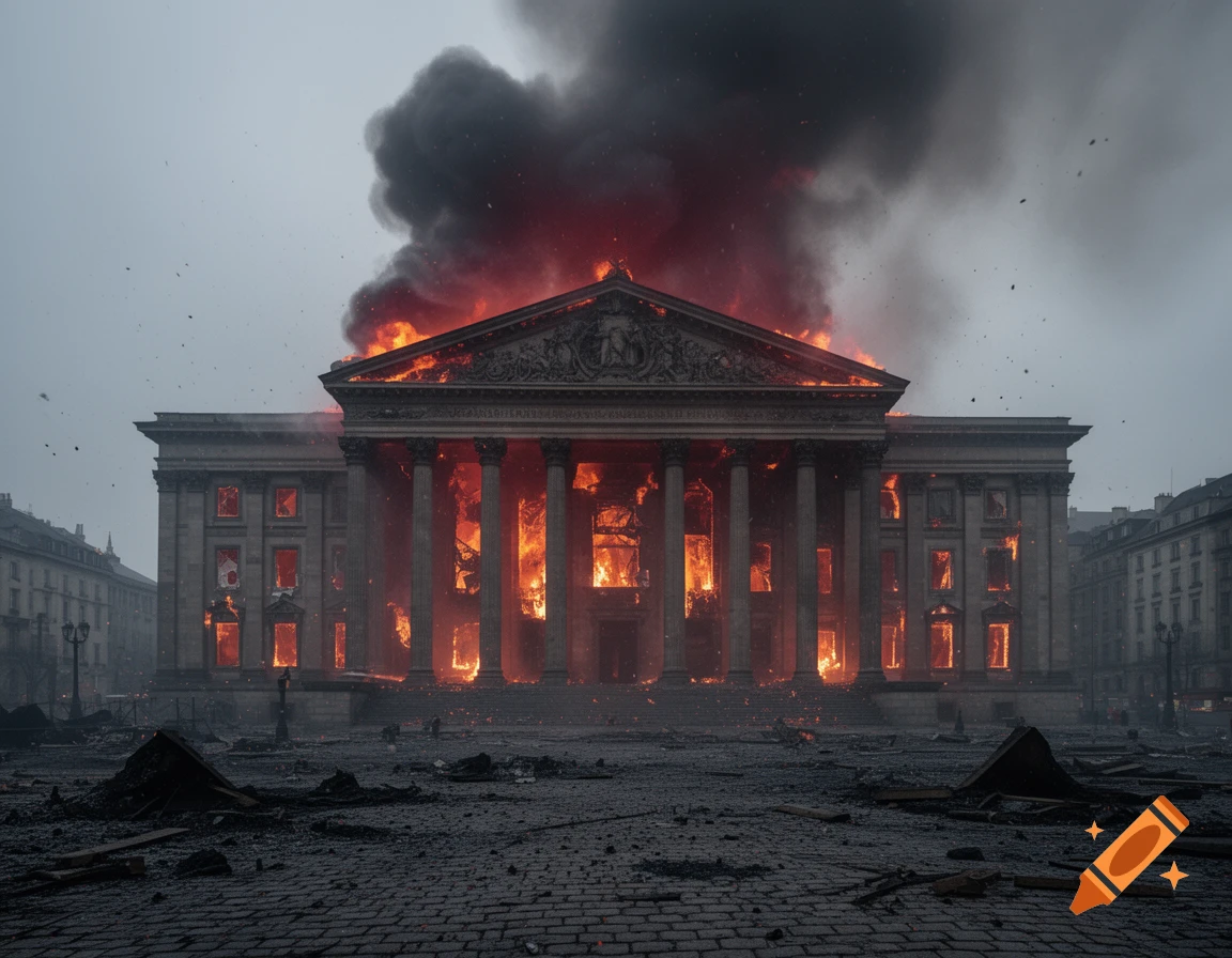 A grand classical parliament building engulfed in flames and thick black smoke, with debris scattered in the foreground. Photorealistic.