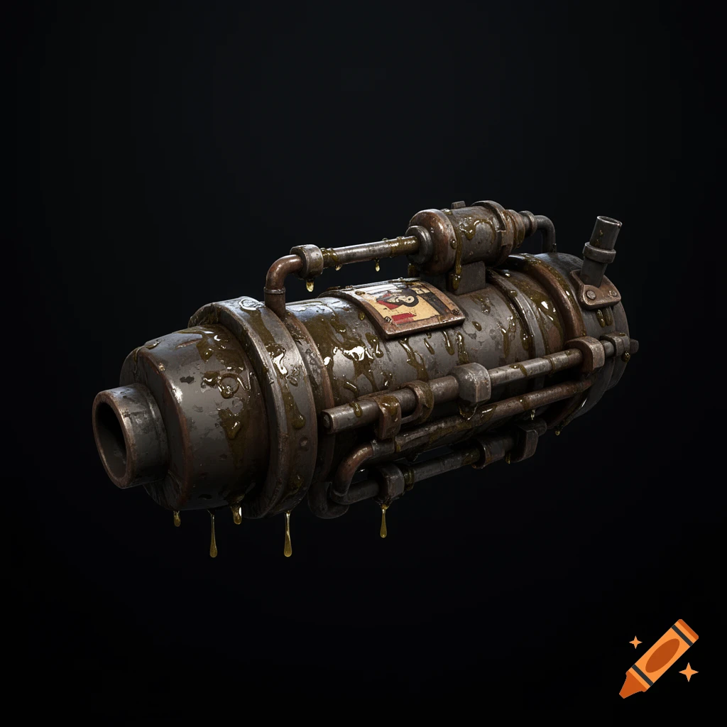 A rusty, greasy metal sticky launcher weapon with pipes and a partially legible label, on a black background.