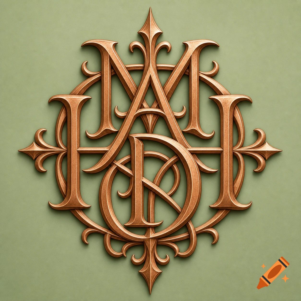 Intricate copper-colored sigil or monogram combining the letters M, A, D, and H, set against a soft green background.