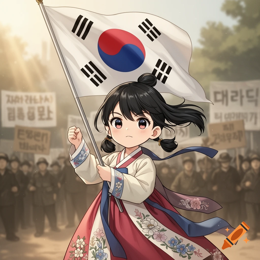 Cute anime girl in hanbok holds a large South Korean flag, marching in a crowd during an independence movement.