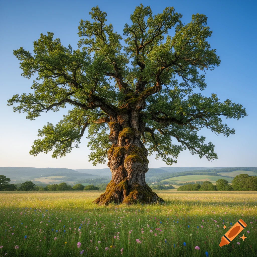 A majestic old tree with a thick, mossy trunk stands in a sunlit meadow with small colorful flowers, under a clear blue sky.