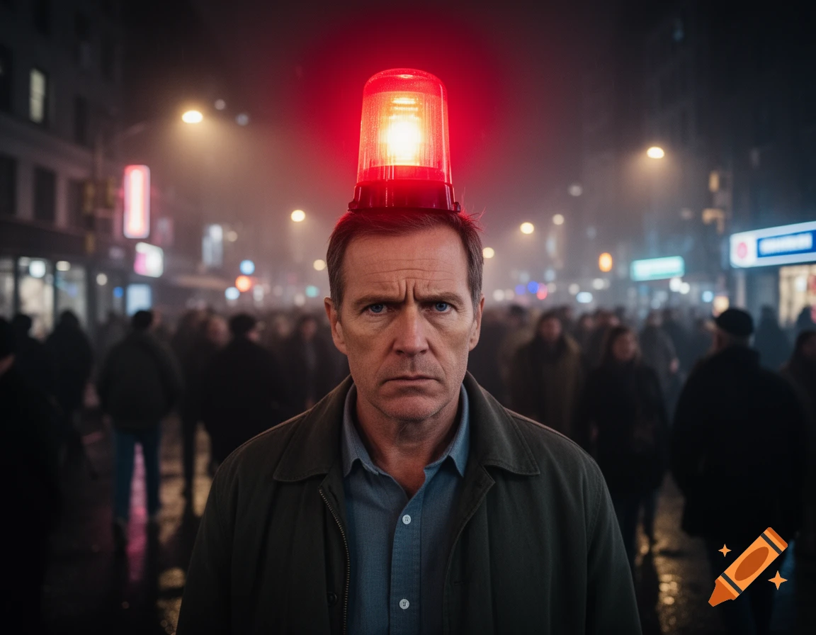 A serious-looking man with a red flashing siren on his head stands in a crowded, foggy city street at night.