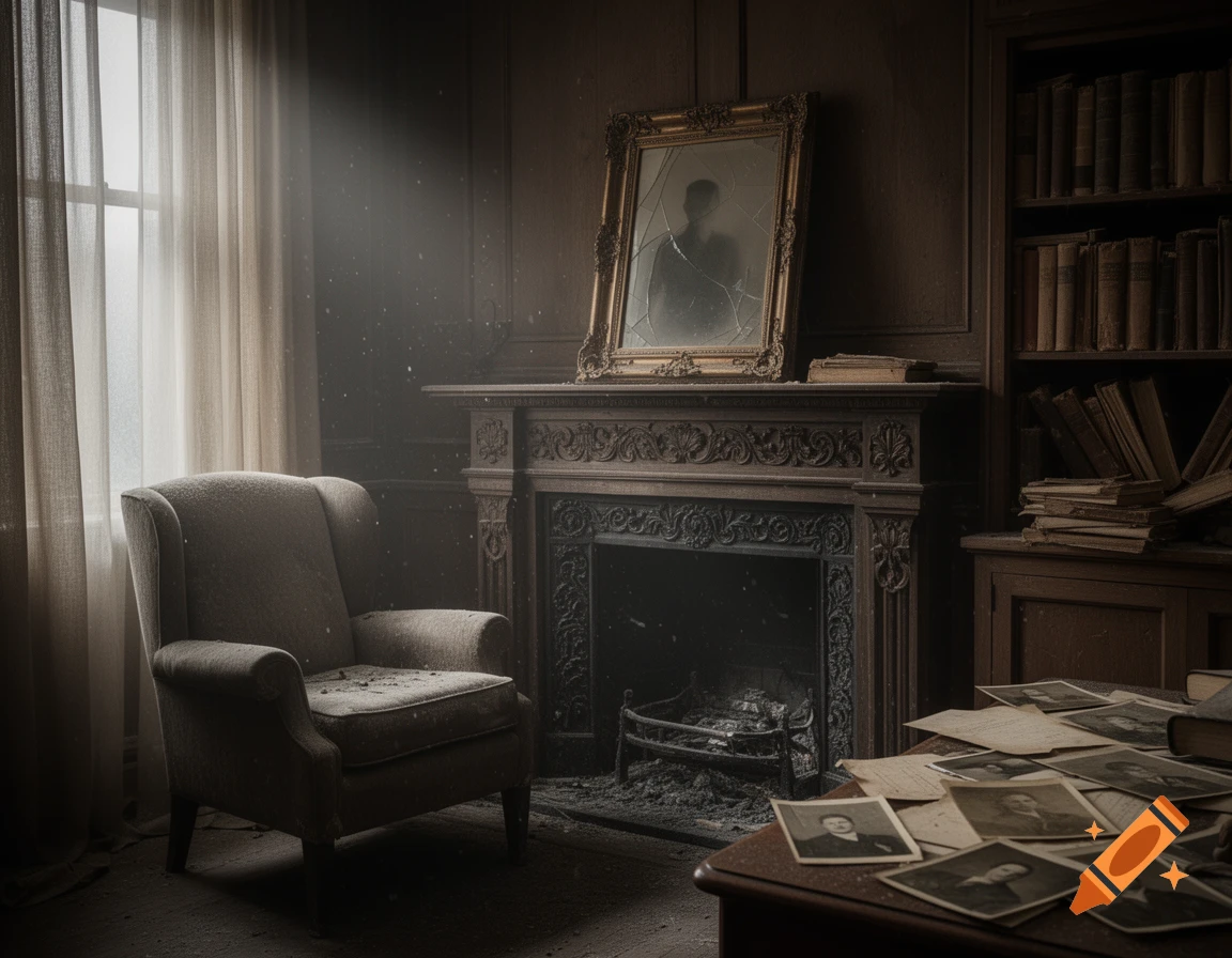 A dusty, melancholic abandoned room with a wingback chair, a broken mirror above a fireplace, and old photographs scattered on a table.