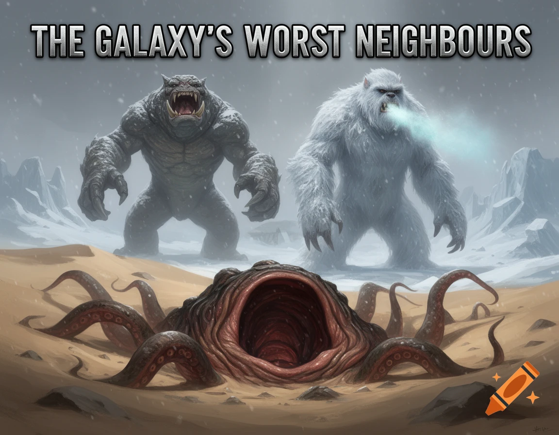 A grey beast and a white yeti-like monster stand in a snowy landscape, looking down at a giant toothy worm-mouth with tentacles. Text: THE GALAXY'S WORST NEIGHBOURS.
