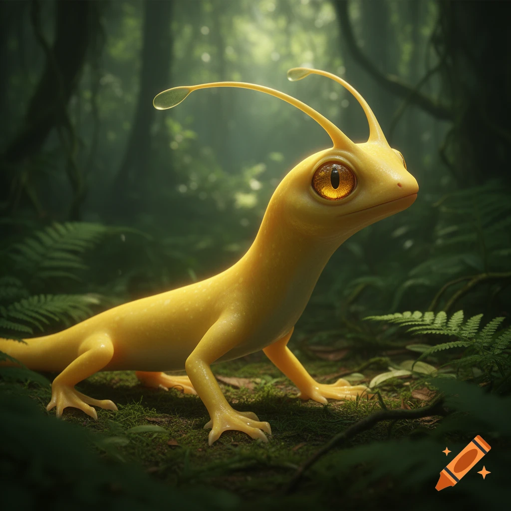 A cute, yellow, lizard-like creature with long antennae and large orange eyes sits on a mossy forest floor amidst ferns.