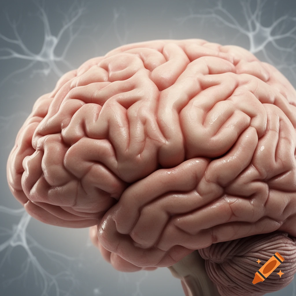 A detailed, realistic render of a human brain with a network of neural pathways in the blurry background.