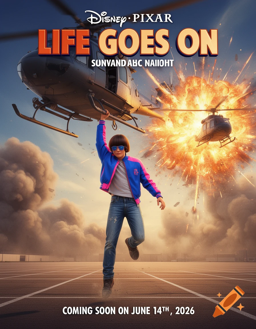 A movie poster for 'Life Goes On' shows a person in a colorful jacket and sunglasses hanging from a helicopter, with another helicopter exploding in the background. The poster advertises a June 14th, 2026 release.