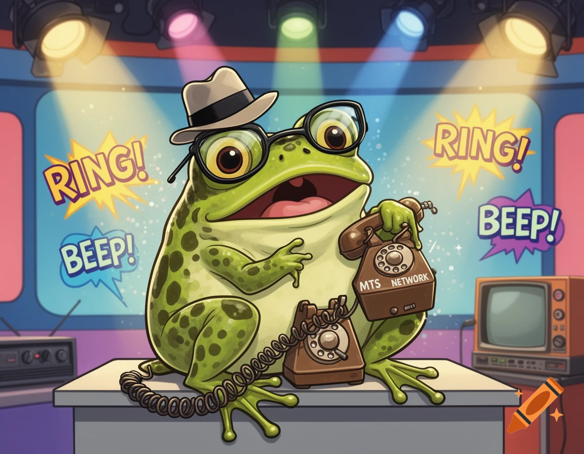 A funny cartoon frog, wearing glasses and a fedora, sits at a news desk holding an old rotary phone with 'MTS NETWORK' on it. Speech bubbles say 'RING!' and 'BEEP!' under stage lights.