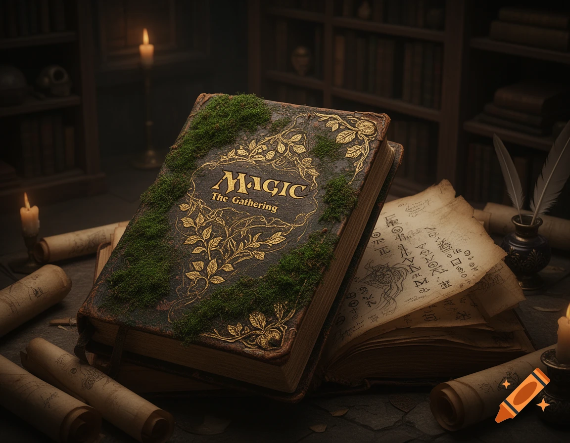 An old, moss-covered grimoire titled "MAGIC The Gathering" lies open on a stone table with scrolls, candles, and an inkwell in a dimly lit library.